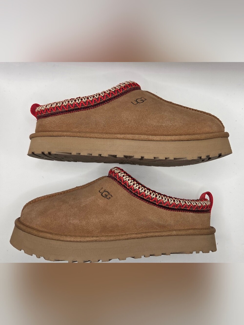 UGG Chestnut Suede Slip-On Clogs with Red and Cream Trim